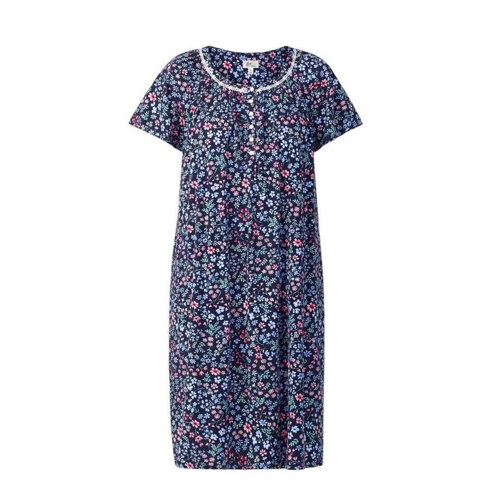 Aria Women’s Size Large 12-14 nightgown Navy Blue Floral cotton pockets NWT